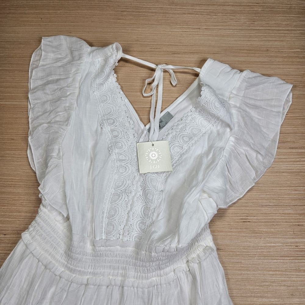 J GEE Maxi Dress Womens 1X White Ruffle Lace Smocked Boho NEW